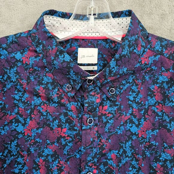 JB Holt Button Down Shirt L Blue Purple Pink Rose Dark Floral Flip Cuff Tailored - Picture 1 of 14